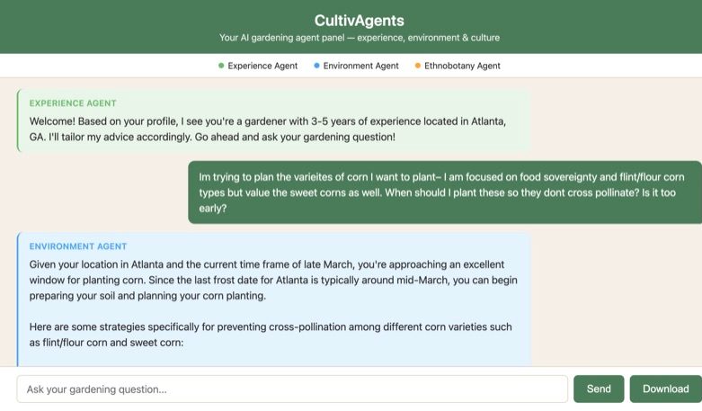 CultivAgents chat: a gardener asks when to plant corn varieties; the Experience Agent and Environment Agent reply in green and blue bubbles, with the Ethnobotany Agent listed in the header.