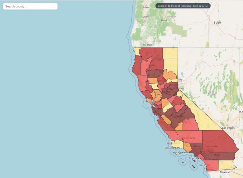 FireFair's statewide view: California counties shaded by adjusted ignition probability for 7 July 2026, above a toggle between the raw and adjusted scores and counts of total and alert-triggered cells.